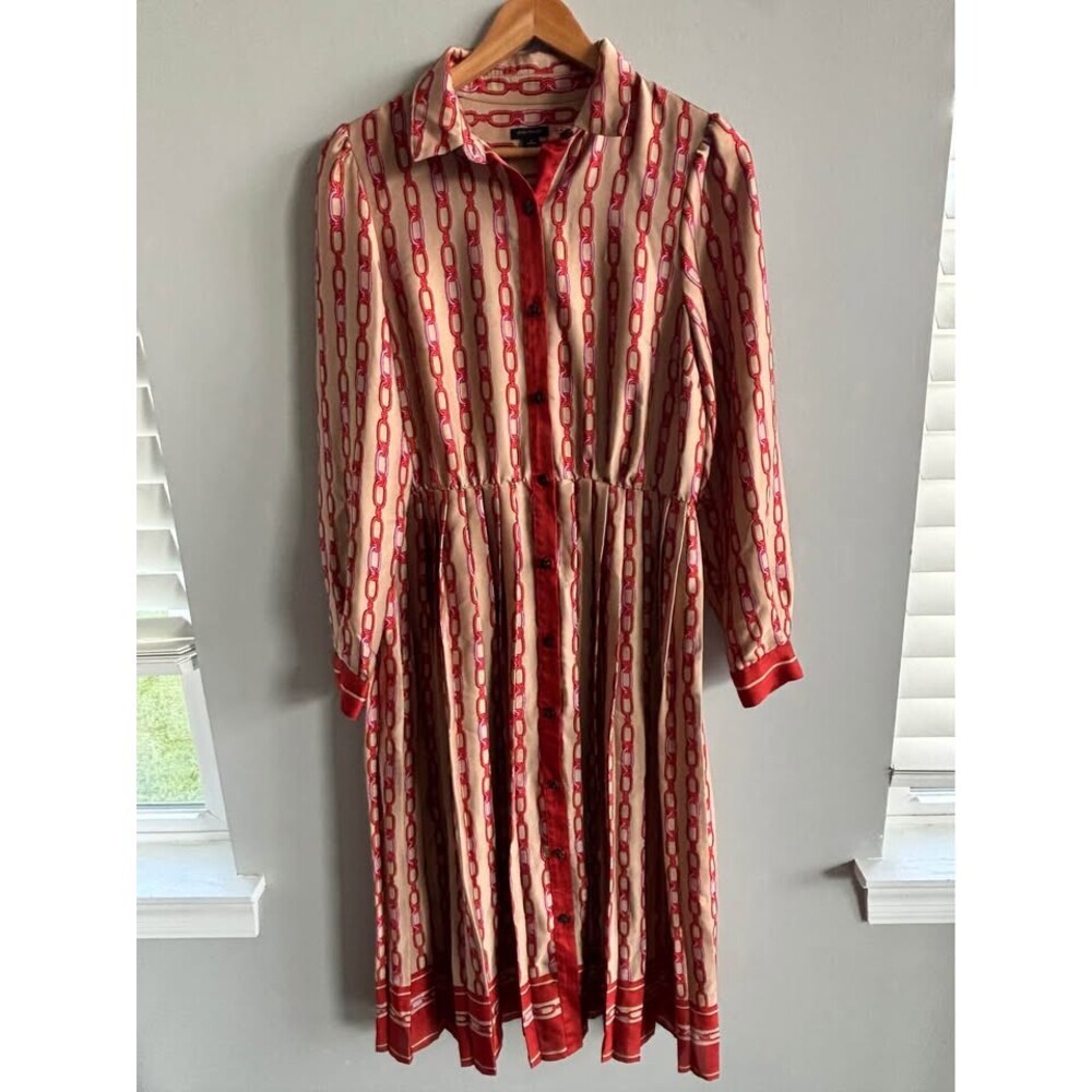 Ann Taylor women’s size 8 Chain Print Pleated Midi Shirtdress Long Sleeve Red Ta